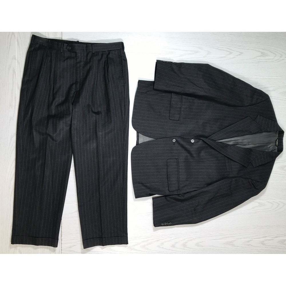 Vintage Bill Blass Pinstripe Suit 42R 34x29 Gray Wool 2 Button Made In USA 90s